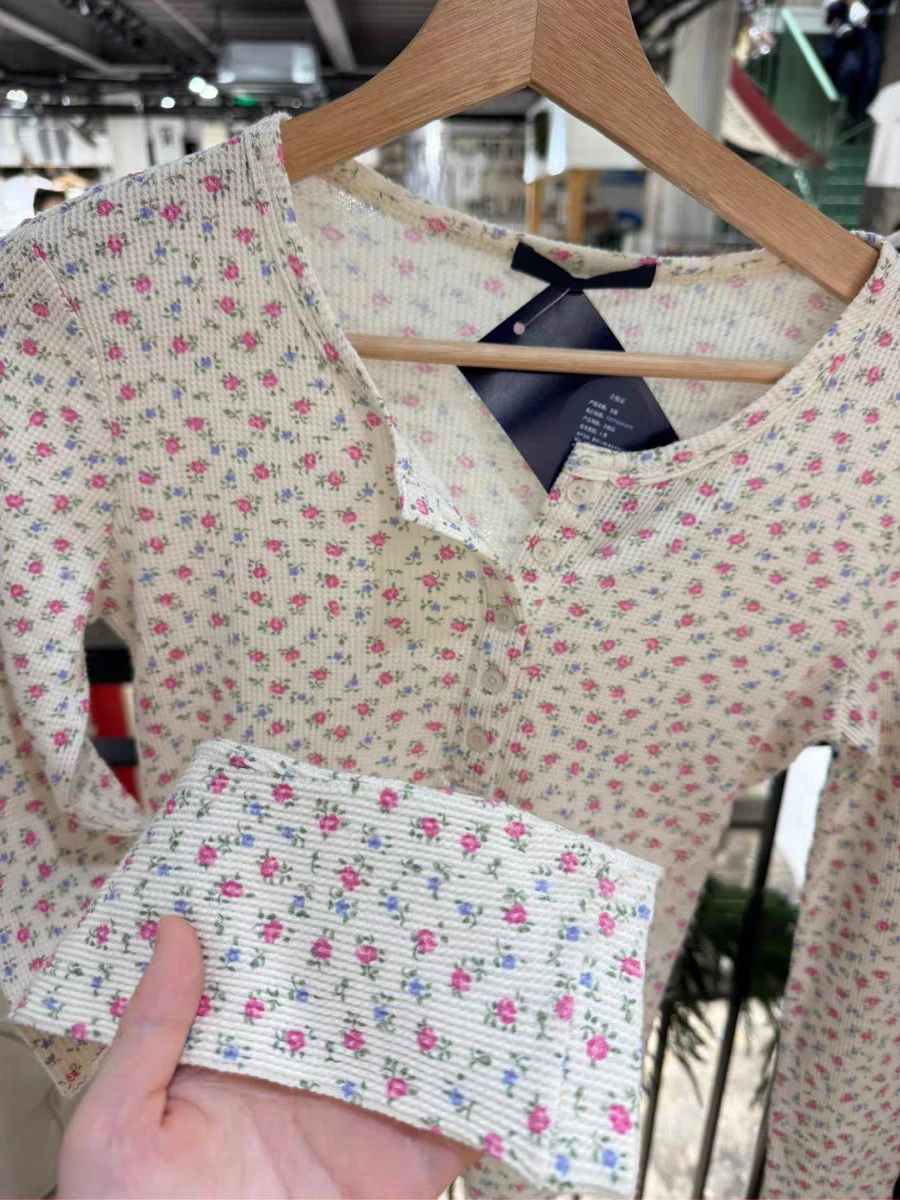 Pink Floral Waffle Long Sleeve T-Shirt Woman Spring Buttons Round Neck Cotton Slim Tee Top Sweet Cute Preppy Style Tshirt Y2k