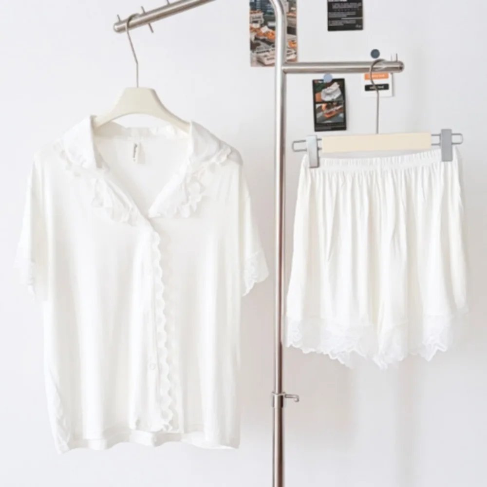 

Lapel Short-Sleeved Home Suit for Nightwear Solid Color Loungewear Set Modal Summer Two Piece Pyjama Set Loose Homewear Suit