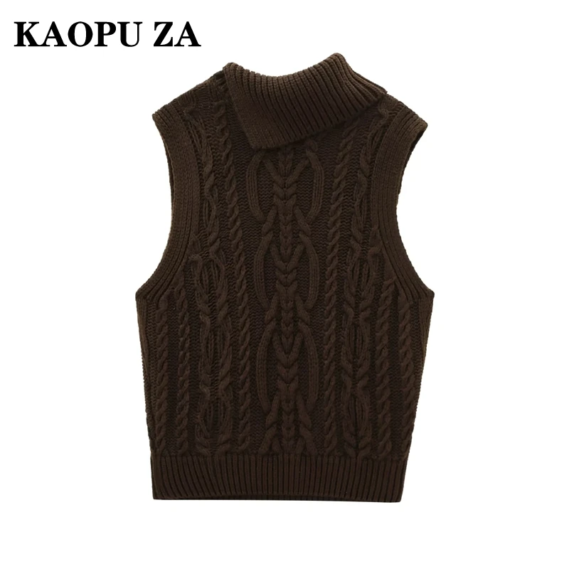 KAOPU ZA 2024 Autumn Woman's Casual Stand Collar Solid Color Sweater Vest Female Fashion Sleeveless Knit Screw Thread Gilet Top