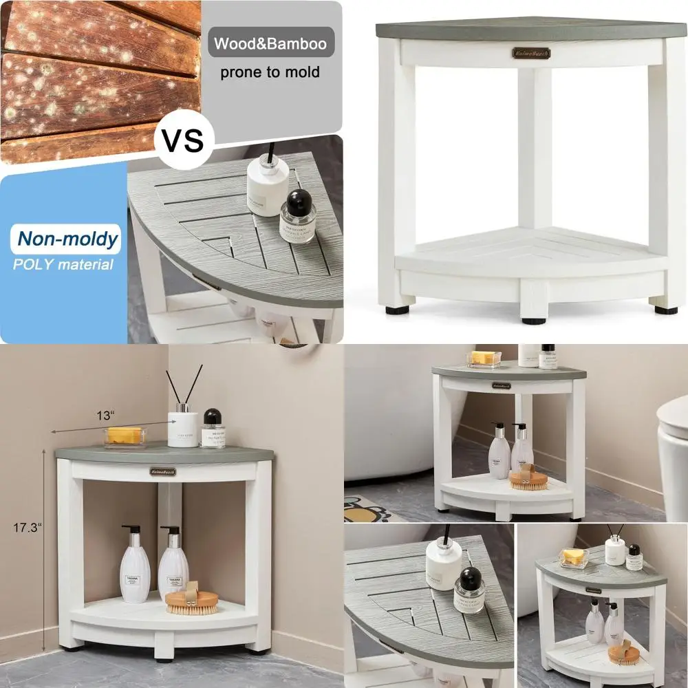 

Sturdy Poly Shower Bench with Shelf, 500lbs Capacity, White and Gray for Shaving and Bathing