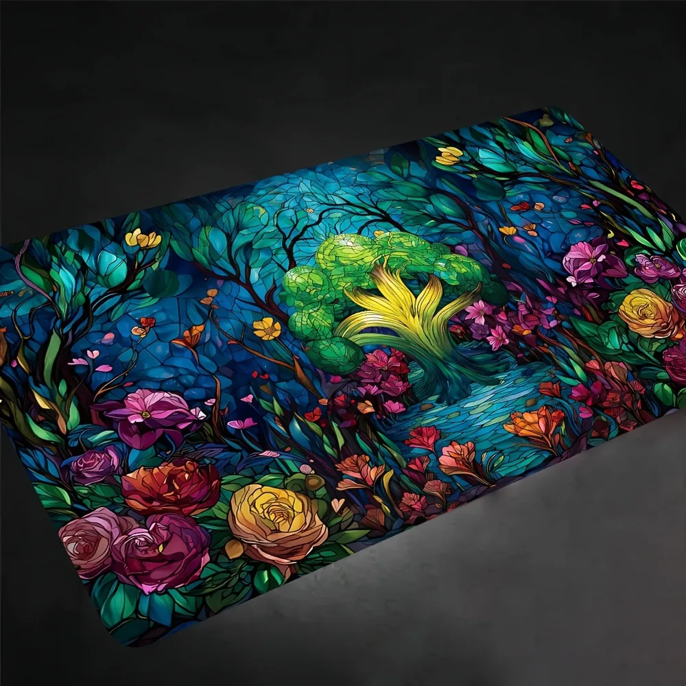 Painted glass forest, trees and flower pattern game mat, compatible with collectible card games, tabletop games,game accessories