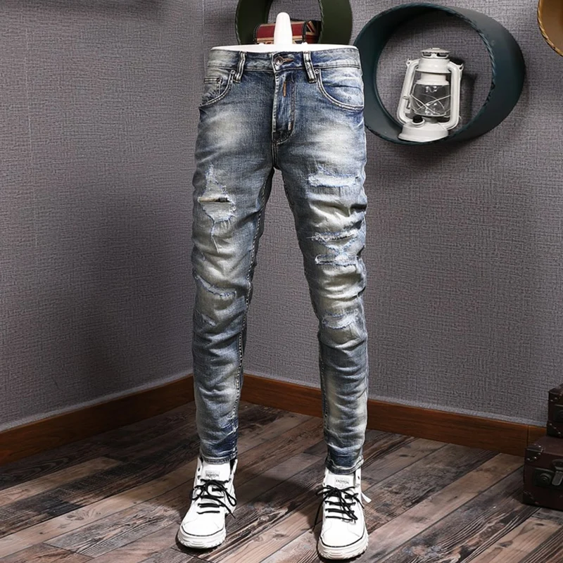 Newly Fashion Designer Men Jeans Retro Blue Elastic Slim Fit Destroyed Hole Ripped Jeans Men Patched Vintage Denim Pants Hombre