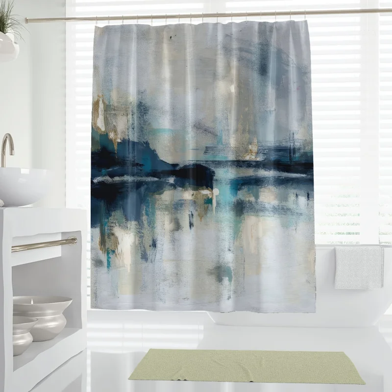 Lakeside Scenery Abstract Oil Painting Shower Curtain - Waterproof, Machine Washable with Hooks Included, Polyester Bathroom Dec