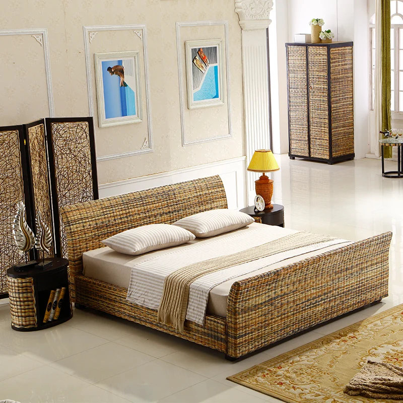 Custom rattan bed hotel suite rattan furniture bedroom real rattan 1.8m double bed hotel Advanced sense  bed