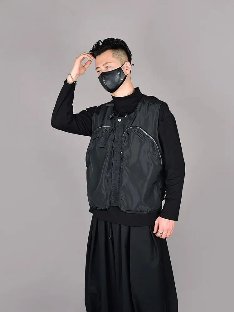 Gothic Mens Vests O-Neck Zipper Sleeveless Casual Jacket New Loose Fit Personality Black Hip Hop Spring Summer Cargo Waistcoat