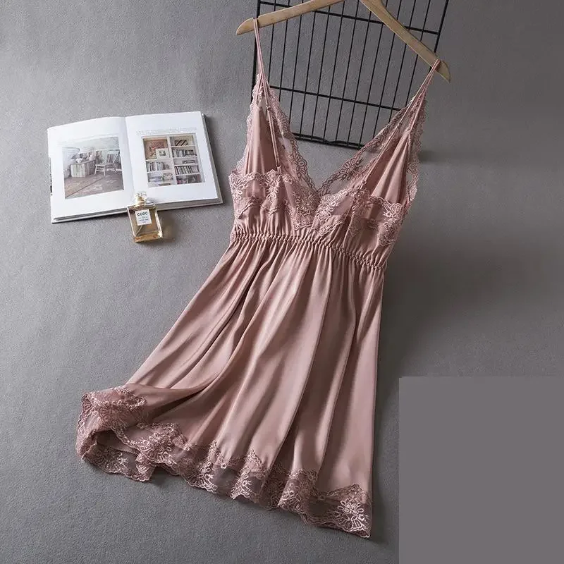 Summer Women Lace Sleepwear Nightgown Sexy Strap Nightdress Gown Lingerie Female Silky Satin Nightwear Home Dress Loungewear