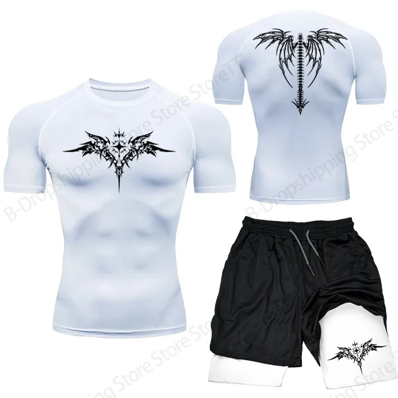 Conjuntos de compresión de boxeo de Anime para hombre y mujer, camiseta con estampado 3d + conjuntos cortos de 2 uds., traje deportivo informal para correr, chándal para hombre