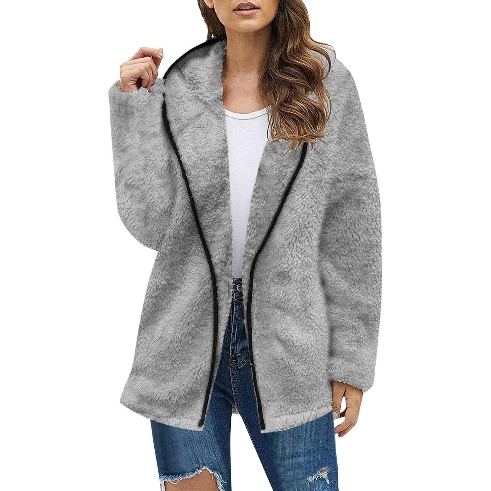 Women\'s Solid Color Long-sleeved Cardigans Fleece Loose and Warm Mid-length Plush Windbreaker Lamb Wool Coat Fleece Jacket