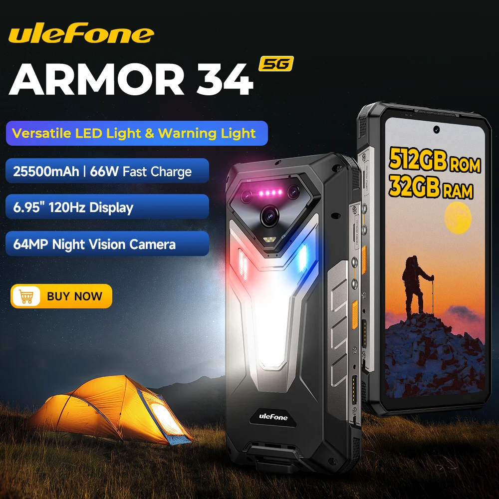 Ulefone Armor 34 25500mAh Rugged Phone 5G AI Smartphone Android 15 Up to 32GB+512GB 64MP Night Camera 6.95