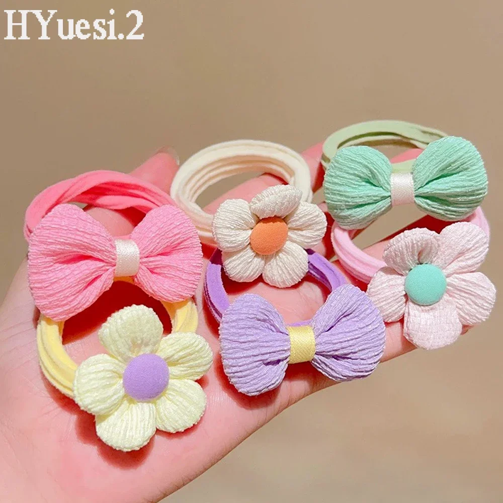 6 pz/set Candy Color Cloth Bowknot Flower Hair Ties Sweet High Elastic Ponytail Holder elastici elastici per bambini ragazza