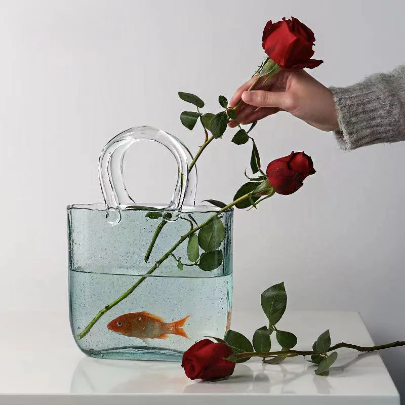 DSA Clear Bubble Handbag Glass Vase Creative Carrying Basket Water Culture Flower Arrangement Soft Decoration Crafts