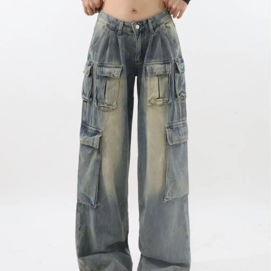 European And American Style Medium Low Waist Wide Leg Mop Pants for Women Multi-Pocket Loose Fit Workwear Jeans