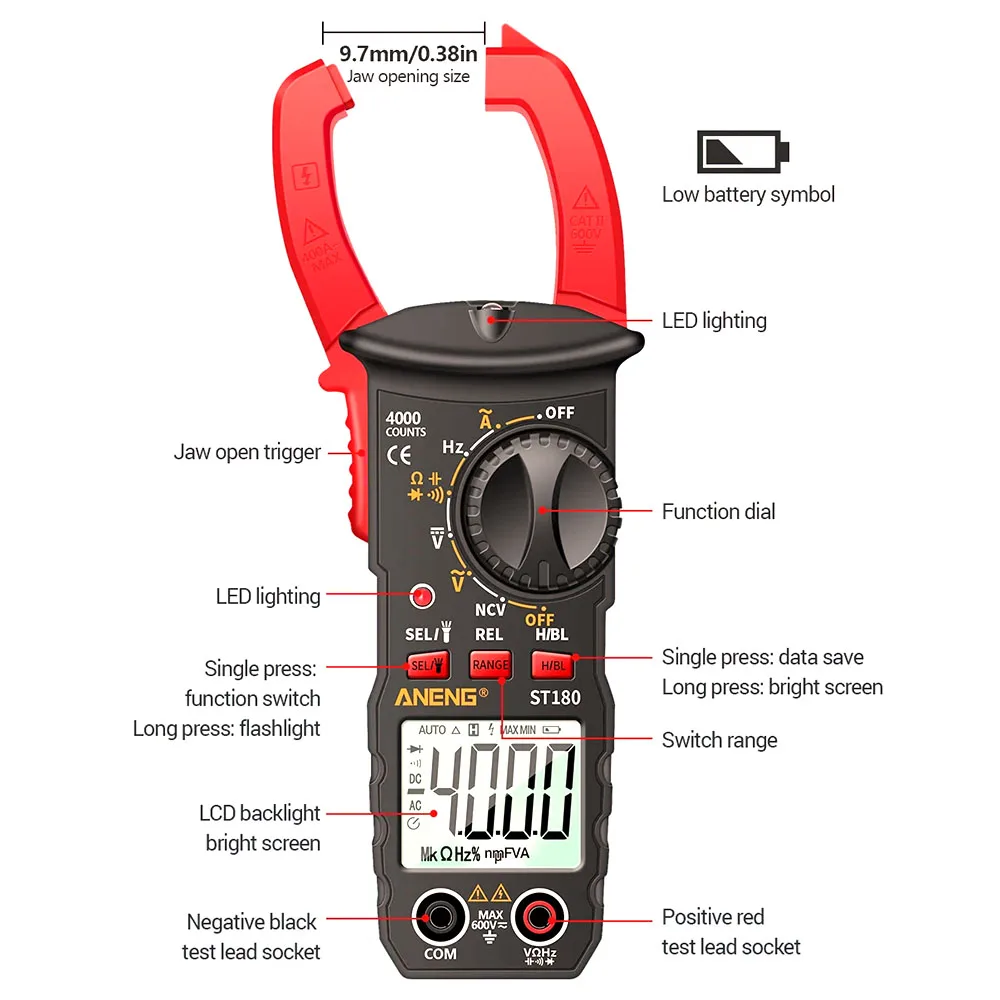 ​ST180 Ammeter Voltage Tester Car Amp Hz Capacitance NCV Ohm Test Multimeter DC/AC Current Measurement Digital Clamp Meter