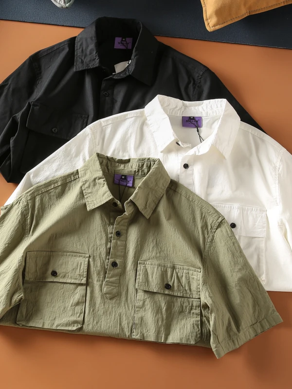 

Новая летняя свободная мужская повседневная рабочая рубашка с большими карманами в стиле ретро, японско-американский стиль, однотонная, с коротким рукавом