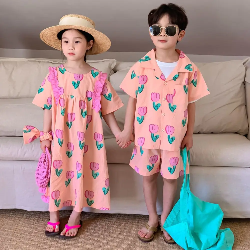 2024 Summer Brother Sister Outfits Kid Boy Tulip Print Short Sleeves Shirt + Shorts 2pcs Girl Baby Sweet Flower Princess Dress