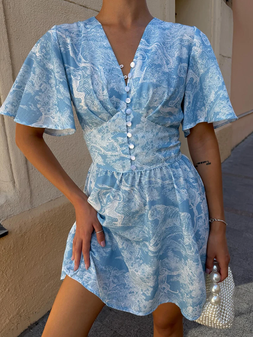 Marthaqiqi ملابس نوم للسيدات غير رسمية بيجامات مثيرة برقبة على شكل حرف v وأكمام قصيرة قمصان نوم مطبوعة فستان قصير ملابس نوم نسائية شتوية