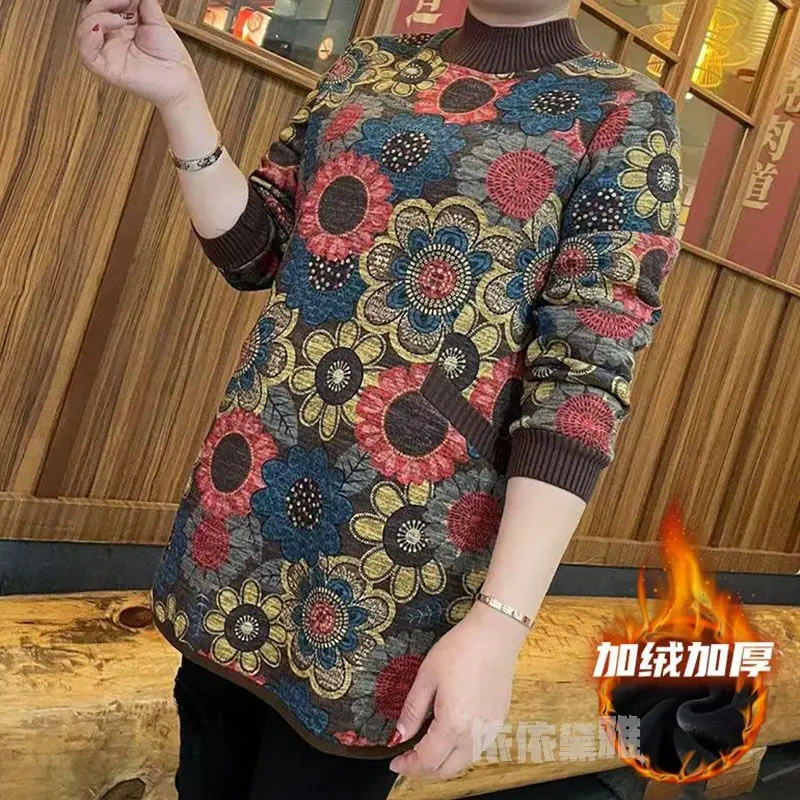 

Women's Autumn and Winter New Fashion Elegant Half High Neck Long Sleeve Printed Casual Versatile Loose Western Commuter Tops