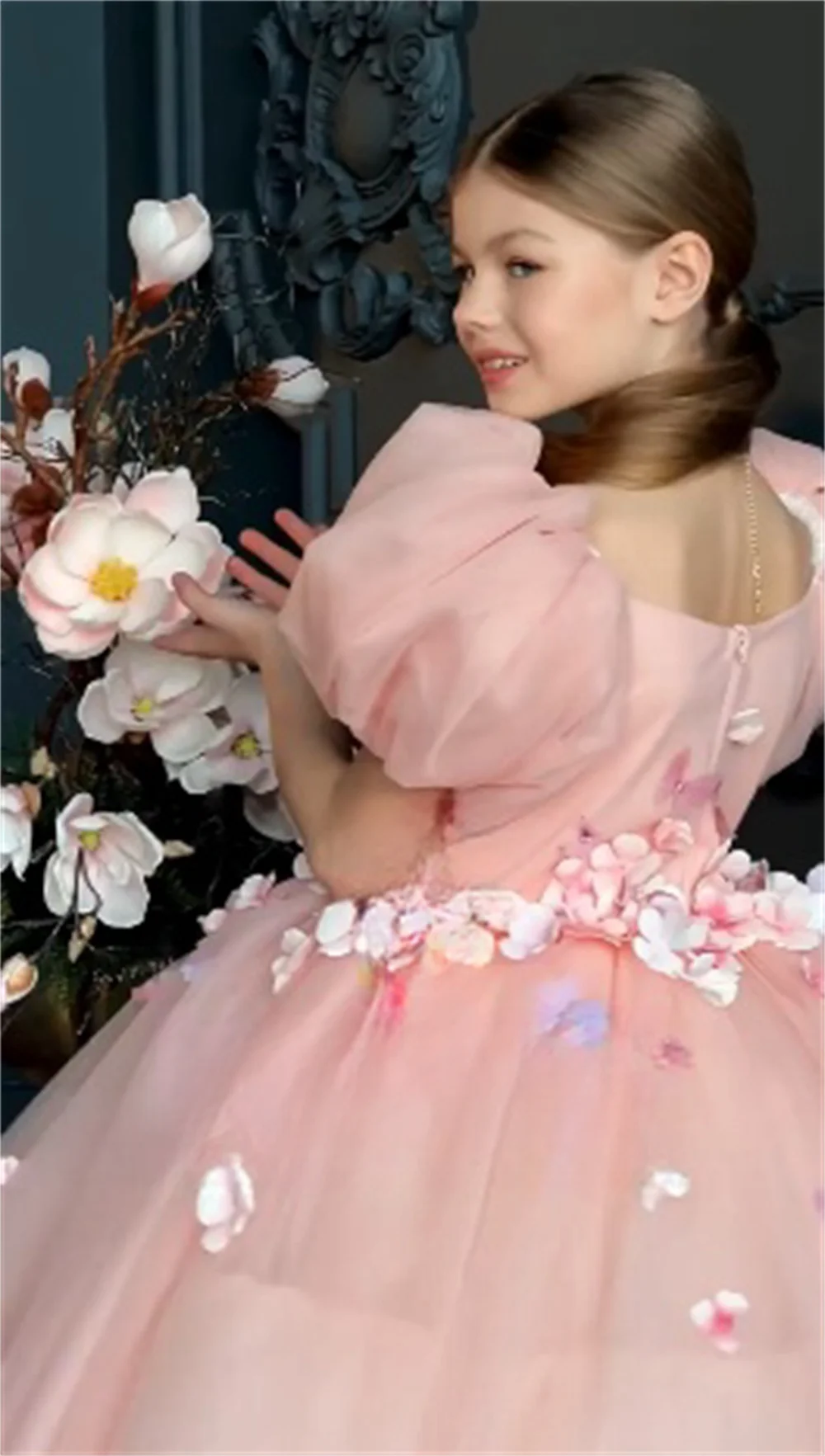 Customized Dearin Off-the-shoulder Ball Gown Tea Length Skirts Layered Draped Tulle Applique Flower Girl Dresses