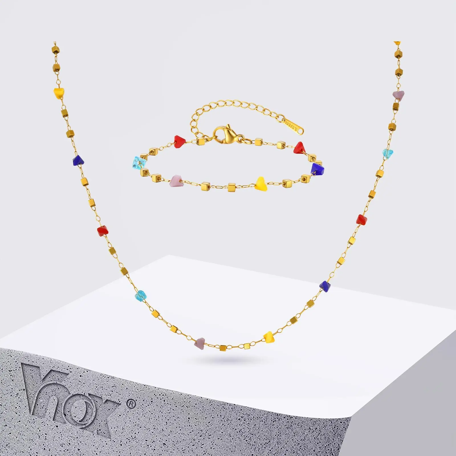 

Vnox Irregular Colored Stone Sweet Bracelet Necklace For Women Stainless Steel Small Block Adjustable Chain Delicate Jewelry