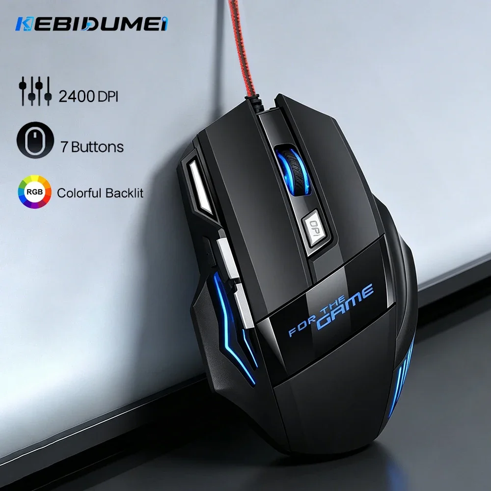 KEBIDUMEI 7 Buttons Wired Mouse RGB Backlit Gaming Ergonomic Mouse 2400DPI 3 Level Adjustable for PC Laptop Windows Mac OS