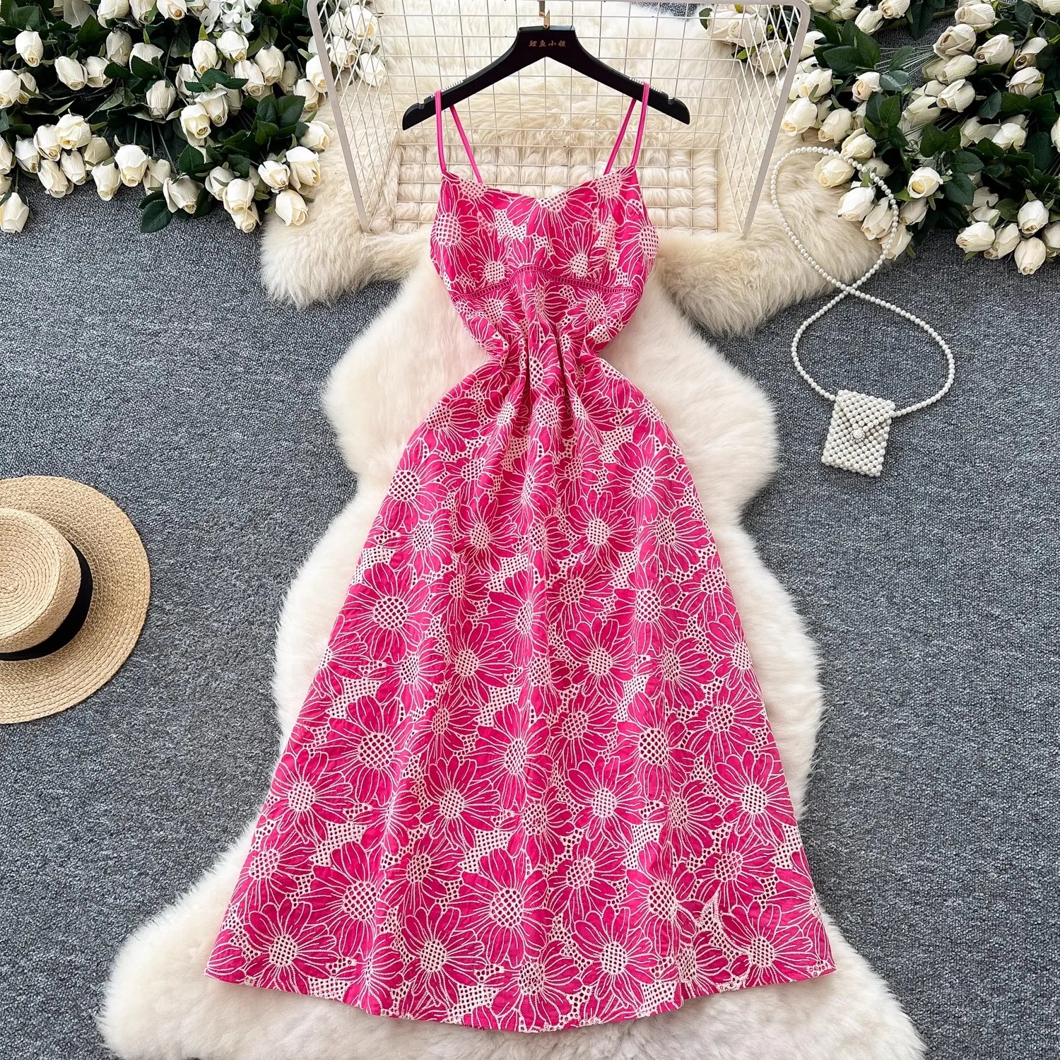 

Pink Floral Embroidery Dress Women Elegant Lace-up Backless Vintage Clothing Lady Sleeveless Strapped Dress Bodycon Party