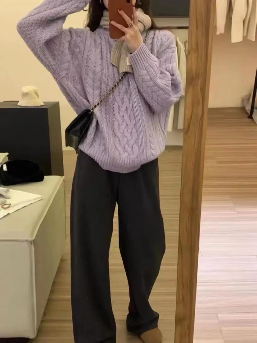 Damski luźny sweter z dzianiny, fioletowy, miękki, w stylu woskowym, z efektem skręcania, na jesień i zimę, delikatny, w stylu Dongda Gate.