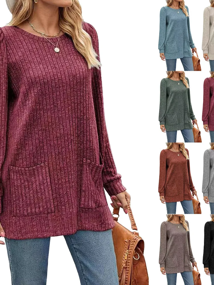 

Casual Long Sve Bubble Sve Tirt Women's Street Sle Loose Fit Comfortable Breathable round Ne T-irt for Daily Wear