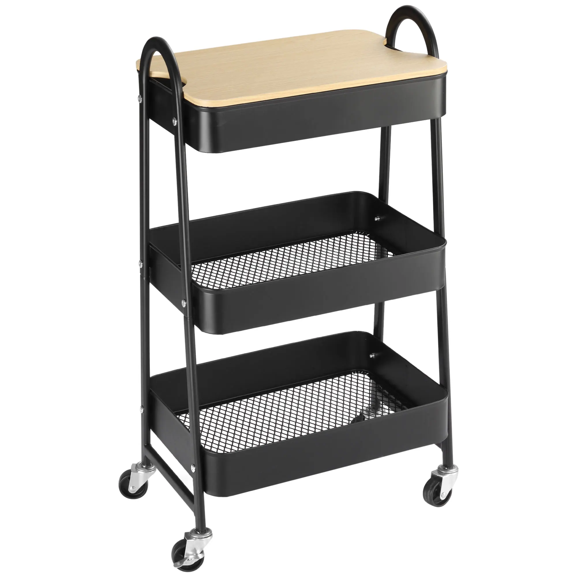 HOMCOM Carrito Auxiliar con Ruedas de 3 Niveles, Carrito de Cocina con 3 Cestas de Acero y 1 Placa de Cubierta, para Comedor, Sala Baño, 45x31x79,4 cm, Negro