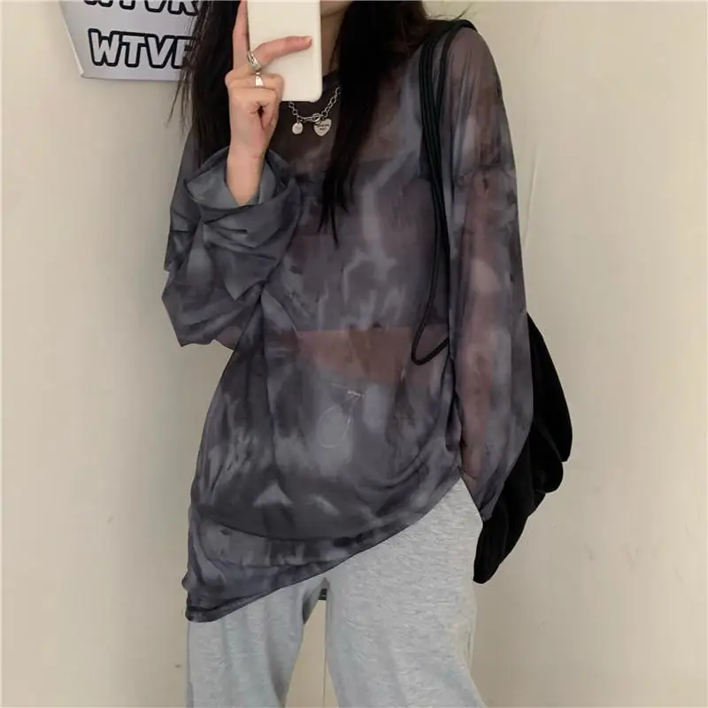 

Women Tie Dye Long Sleeve Ladies Spring Loose High Street Stylish Thin Leisure Minimalist Harajuku Ins Comfortable Chic T-shirt