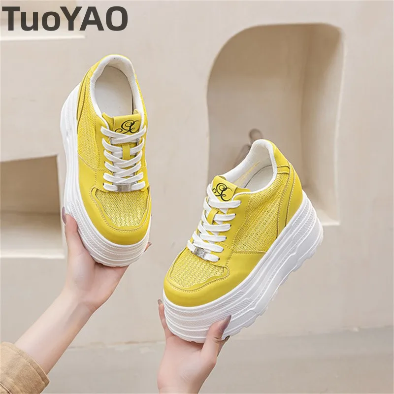 

12cm Air Mesh Microfiber Leather High Brand Sneakers Women Platform Wedge Fashion Comfy Chunky Sneaker Hollow Shoe Summer Spring