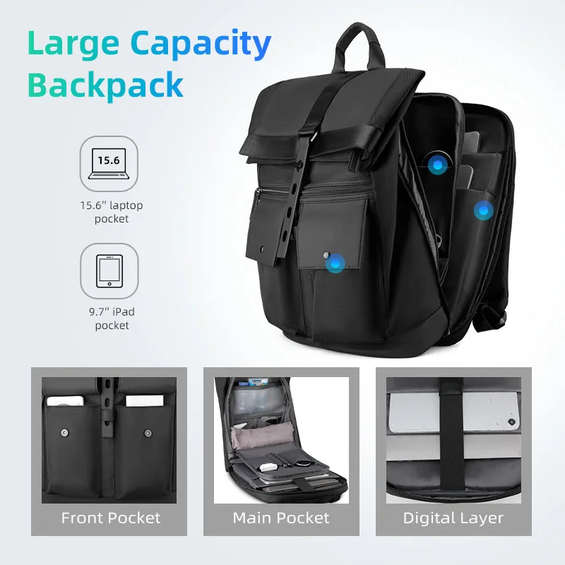 MARK RYDEN Black 15.6inch laptop Backpack Multifunctional Waterproof Backpack Daily Travel Bag Casual School Rucksack