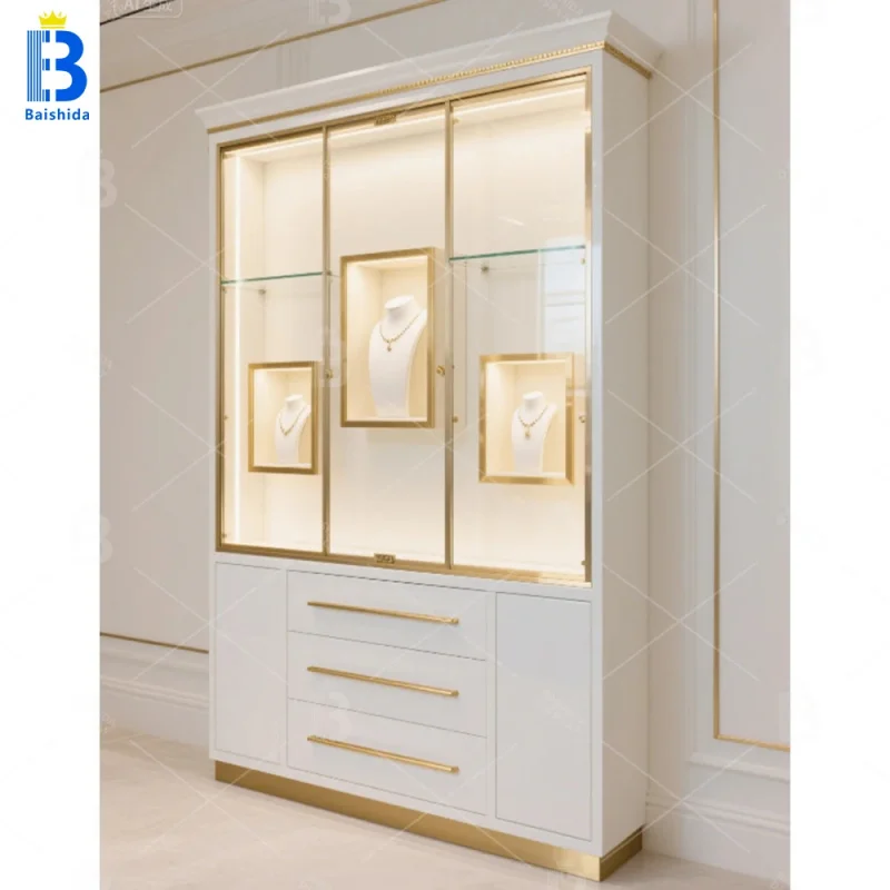 custom.Customized White MDF Paint Wall-mounted Jewelry Showcase Cabinet Tempered Glass LED Lighting Waterproof Durable Factory D