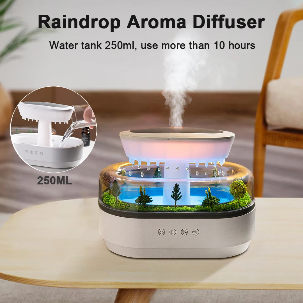 Umidificador de aroma gota de chuva umidificador de ar luz colorida ruído branco difusor de óleo essencial casa difusor de fragrância ultrassônica