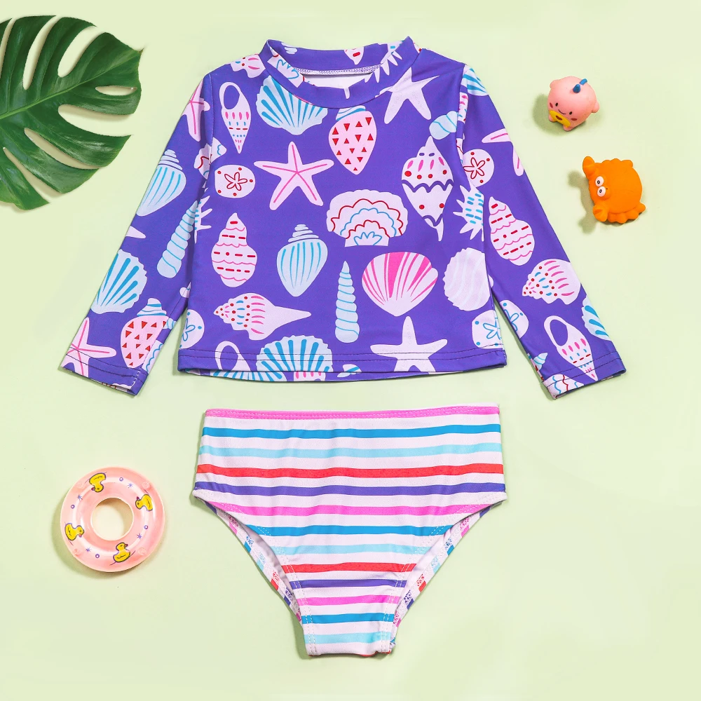 High Quality Swimwear Beachwear Bathing Suit Two Piece Long Sleeve Shell Pattern Striped Swimsuit for Girls