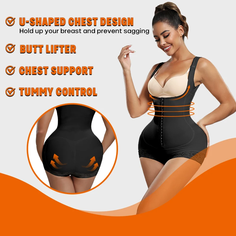 Postpartum Bodysuit Shapewear Women Tummy Control Butt Lifter Faja Body Shaper Open Crotch With Hooks Design