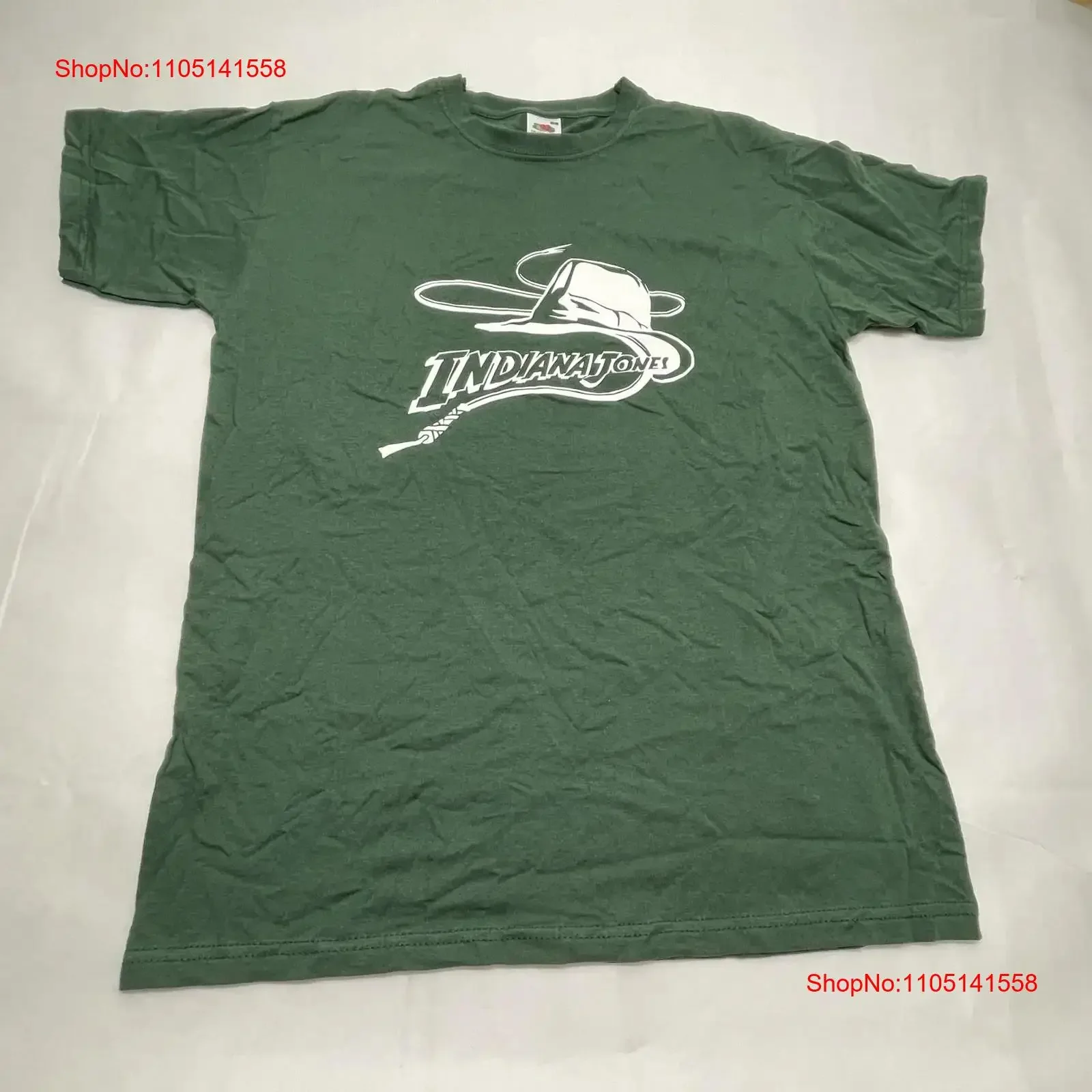 إنديانا جونز فيلم تي شيرت قبعة وسوط أخضر أبيض مقاس M عتيق مغسول متعدد الاستخدامات للارتداء اليومي موضة ناعمة للجنسين