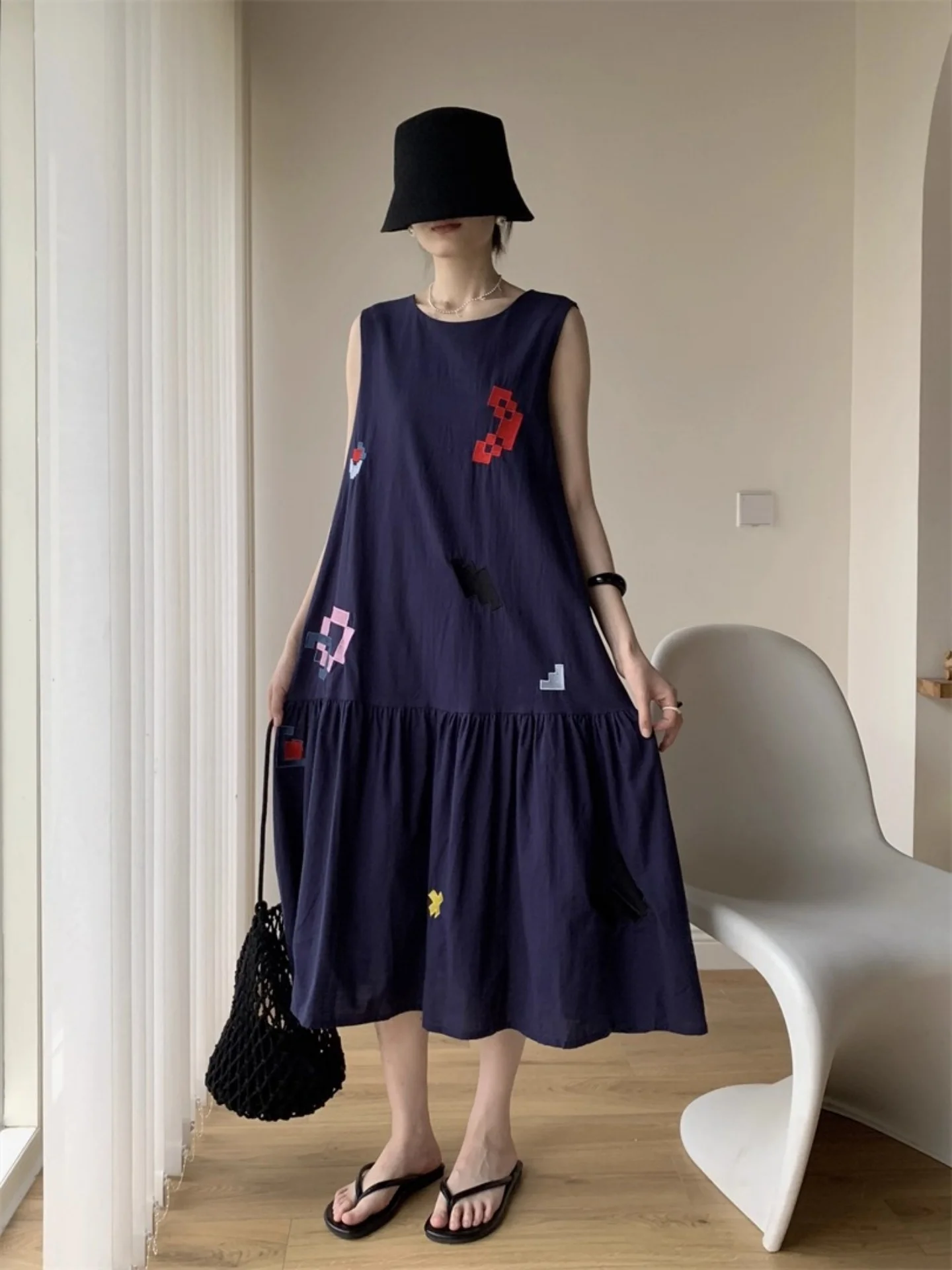 MALCENL KLON Summer Svel geborduurde A-lijn Dr Linen losse Vaion Sle Dr. ort Sve-jurk voor dames