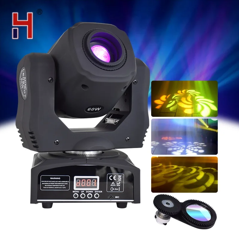 

HongYi Mini Moving Head 60W LED Spot Lights With Dmx Controller 3 Face Prism Rotating Effect For Lighting For Disco DJ Party