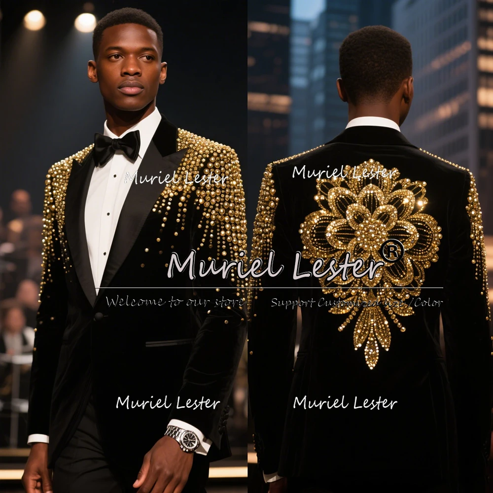 

Gold Flowers Pearls Beaded Stones Suits Men 2 Pieces Costume Homme Single Breasted Groom Blazers Customized Wedding Tuxedos 2026