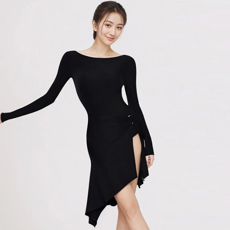 

Черное платье для латиноамериканских танцев 2026 года для женщин, с длинным рукавом, для тренировок, для взрослых, для ча-ча-ча, румбы, танцевальная одежда, латинский костюм AMY3237