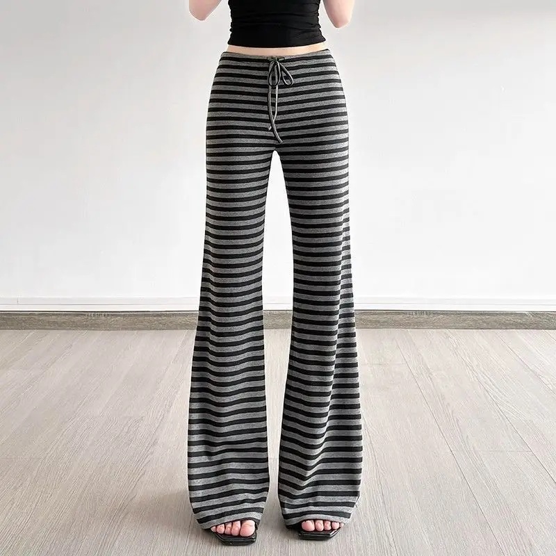 Stylish Drawstring High Waist Trousers Women's Clothing American Casual Striped Autumn Basic Contrasting Colors Bootcut Pants