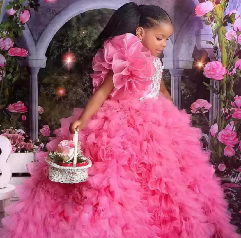 새로운 럭셔리 보라색 미인 대회 꽃 소녀 드레스 결혼식을위한 미인 대회 가운 오 넥 공주 생일 파티 게스트 저녁 맞춤형