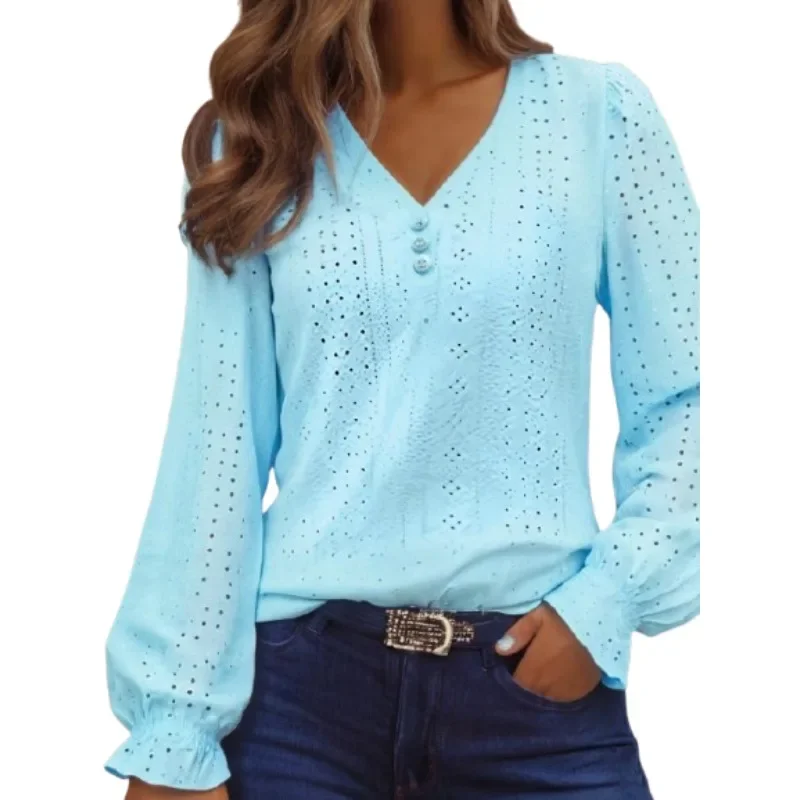 Camiseta de manga larga para mujer, jersey de Color sólido con tres botones delanteros y cuello en V a la moda, talla grande 1XL-5XL