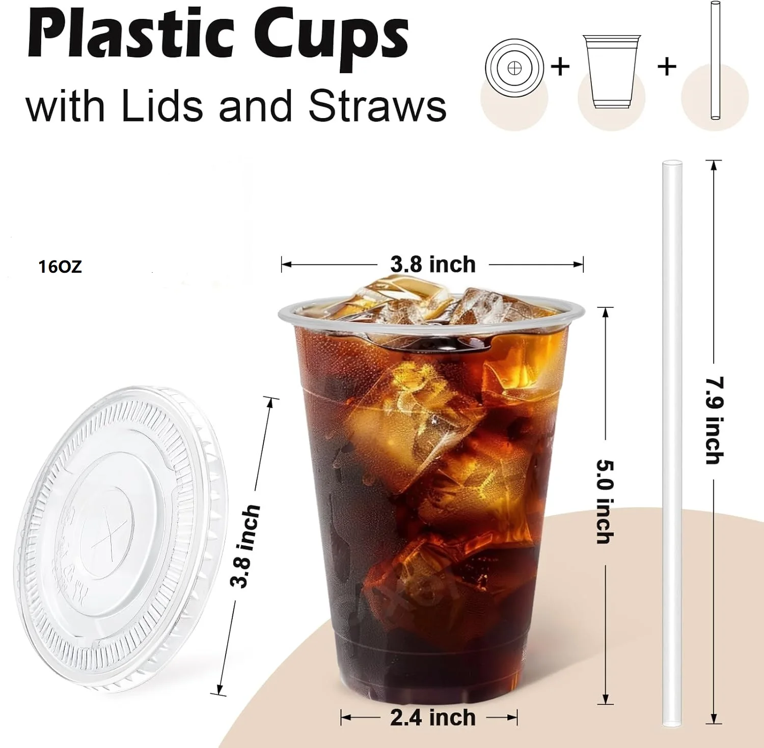 16 oz Clear Plastic Cups with Lids and Straws Disposable Plastic Coffee Cups with Lids for Iced Coffee Cold Beverages, Smoothie - view 2