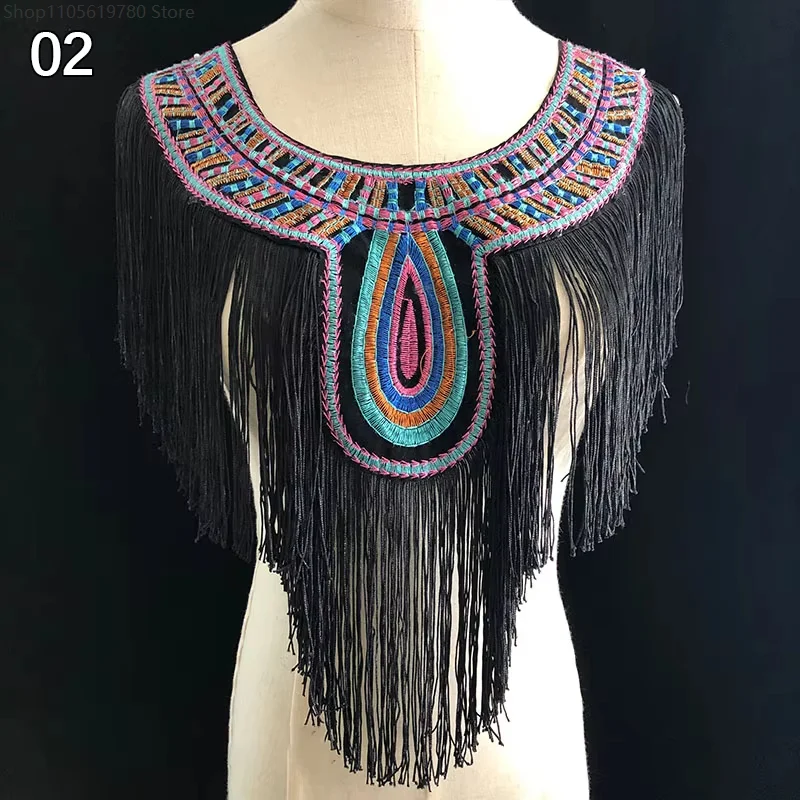 Women Ethnic Style Detachable Fake Collar Tassel Embroidery Neckline Shawl Lace Trim DIY Sewing Cosplay Shirt Decor Ornament