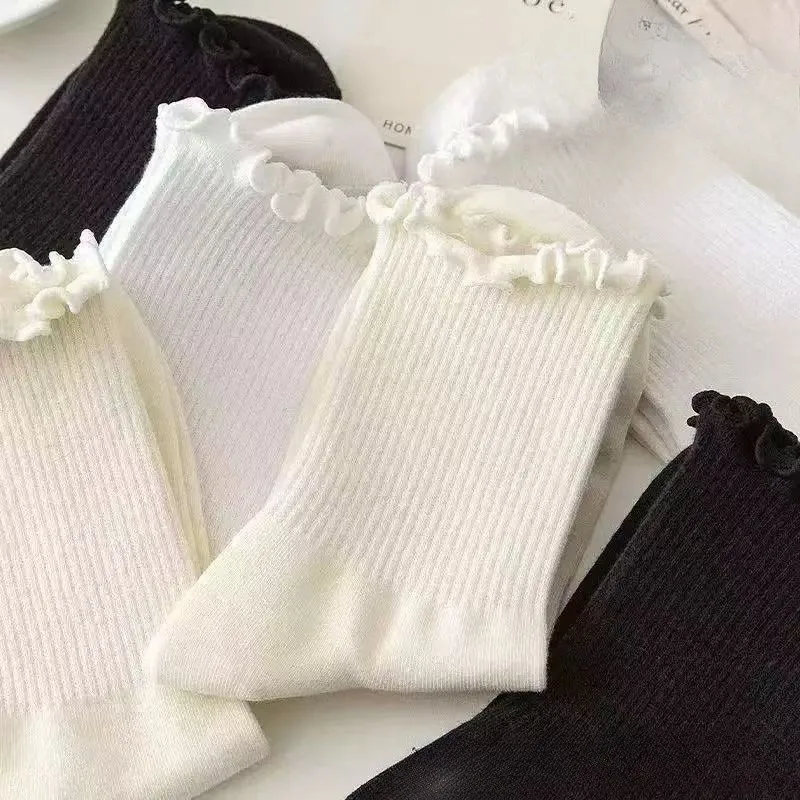 3 Pairs Fashionable Ruffled Mid Length Socks Women's Breathable Solid Color Set Spring and Autumn Comfort Sweat-absorbing Socks