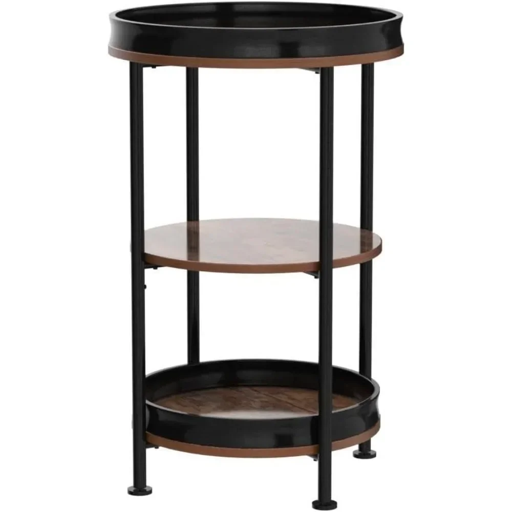 Round End Table with 3 Storage Shelves for Living Room, Bedroom, Nightstand with Steel Frame for Small Spaces