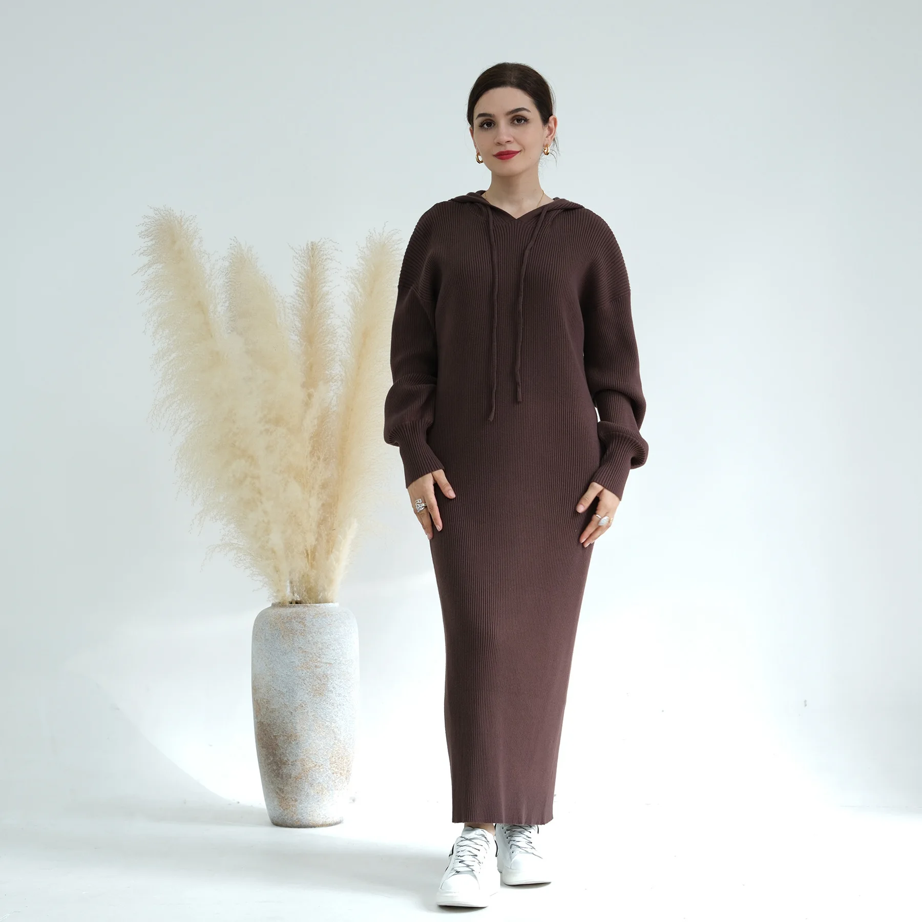 

Knitted Abaya for Women Autumn Islamic Clothing Long Sleeve Hooded Sweater Dress Muslim Hijab Robe Dubai Turkey Winter Kaftan