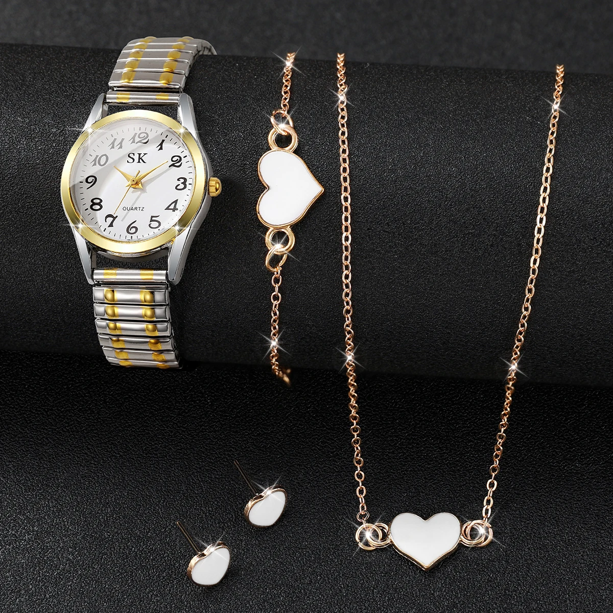 5 قطعة/المجموعة الأزياء مطاطا حزام المرأة ساعة اليد بسيطة العربية الهاتفي ساعات كوارتز القلب طقم مجوهرات Reloj Mujer (بدون صندوق)