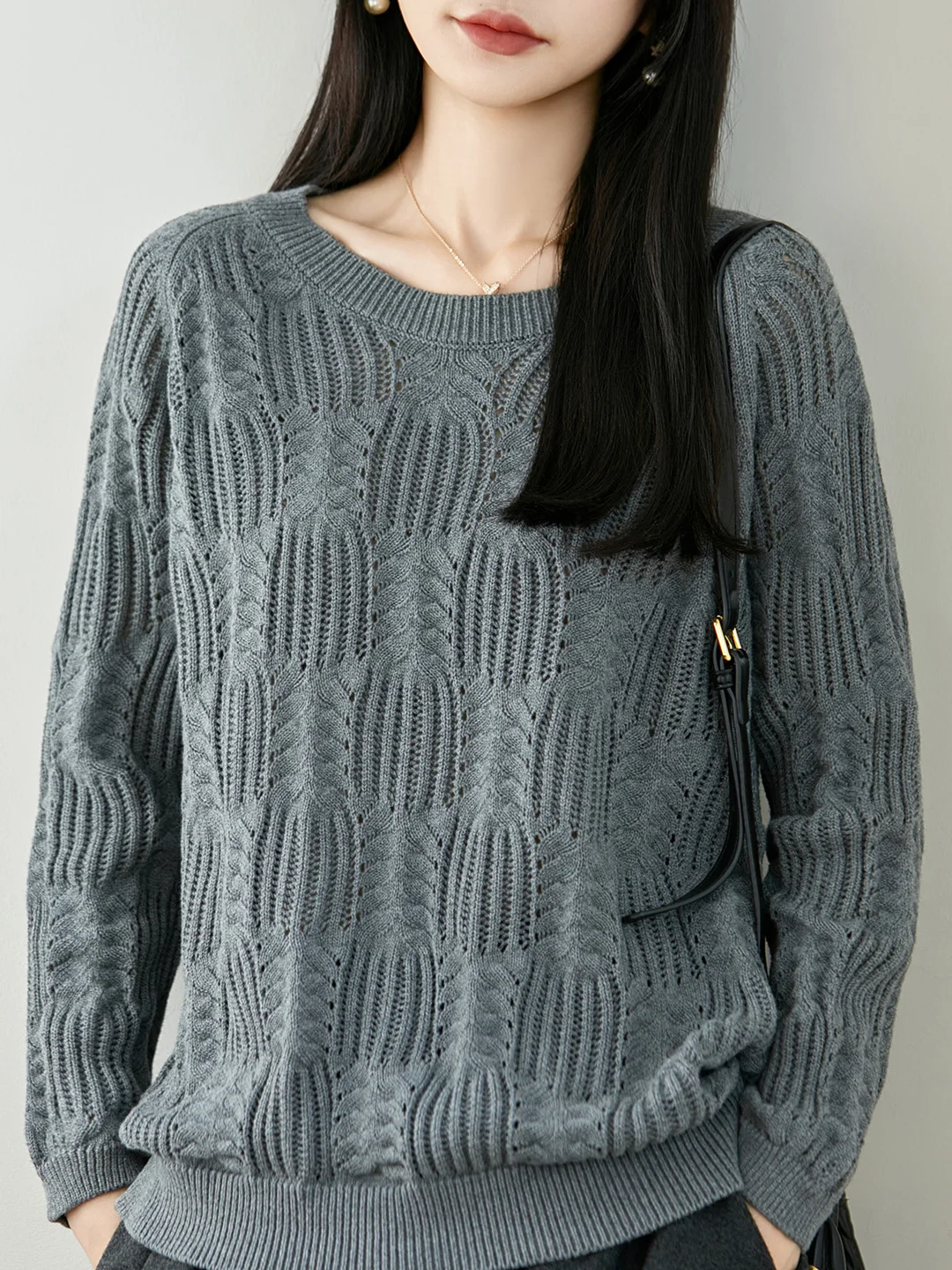 100% Pure Cotton round Neck Hollow out Loose Knitted Base Shirt Women's Thin Long Sleeve Overhead Full Cotton Top Versatile A...